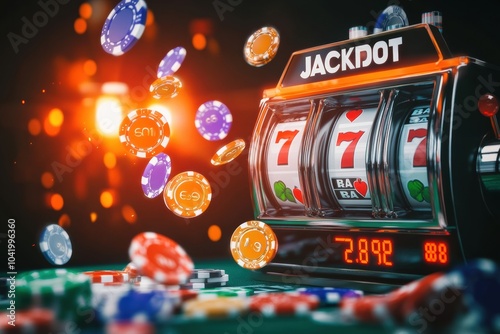 Coins and colorful poker chips fly into the air as a slot machine celebrates a jackpot win in a lively casino. Generative AI photo