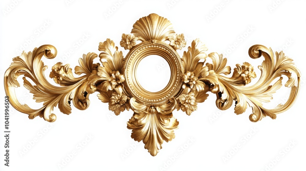 Ornate golden decorative frame featuring intricate floral patterns and a central circular space for display. Ornate golden decorative frame featuring intricate floral patterns and a central circular space for display.