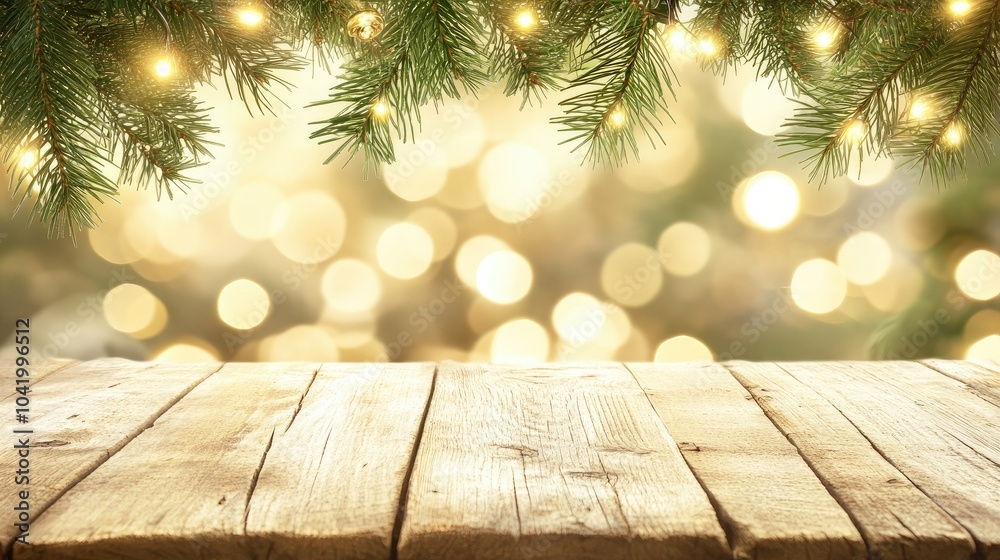 Cozy Holiday Background with Wooden Table and Lights