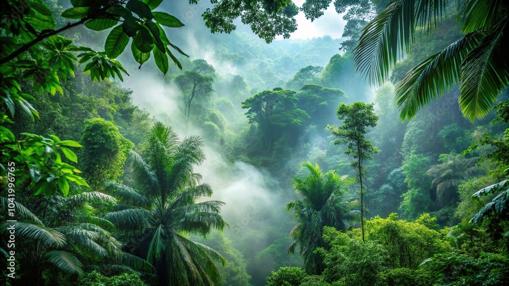 Dense jungle canopy with misty atmosphere Dense jungle canopy with misty atmosphere