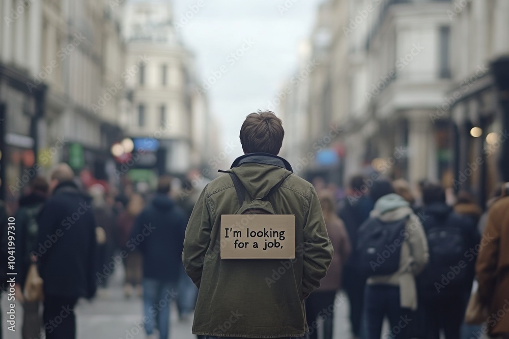 Man Looking for a Job in a Busy City Street Man Looking for a Job in a Busy City Street