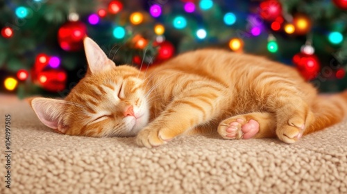 Cat Sleeping on Warm Rug Near Christmas Decorations