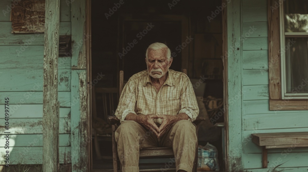Elderly Man in Prayer. Old man sitting on a chair in front of an old wooden house. Elderly Man in Prayer. Old man sitting on a chair in front of an old wooden house.