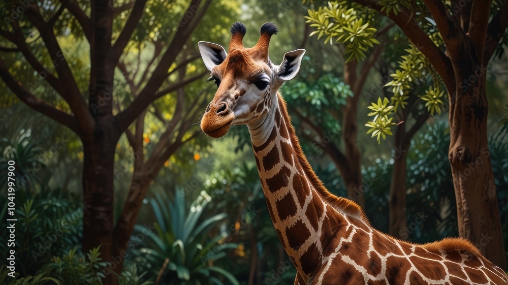 Fototapeta premium A young giraffe stands tall in a lush, green forest. Its long, slender neck stretches upward, reaching for leaves among the treetops.