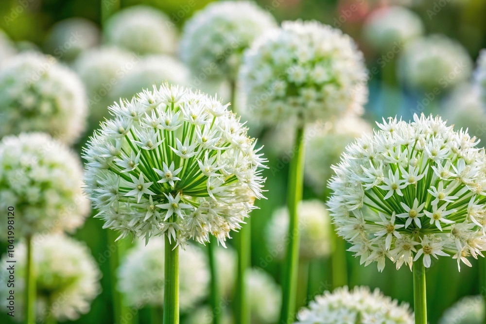 Depth of Field Allium giganteum flowers with white bud shells Depth of Field Allium giganteum flowers with white bud shells