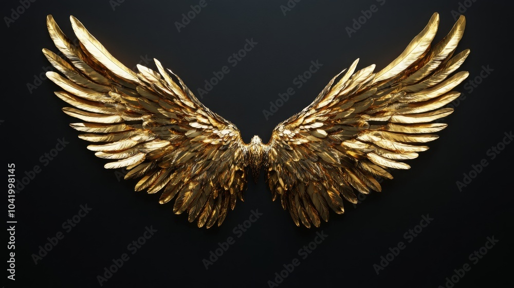 Obraz premium A pair of intricately designed golden wings spread wide against a dark background, symbolizing freedom and aspiration.