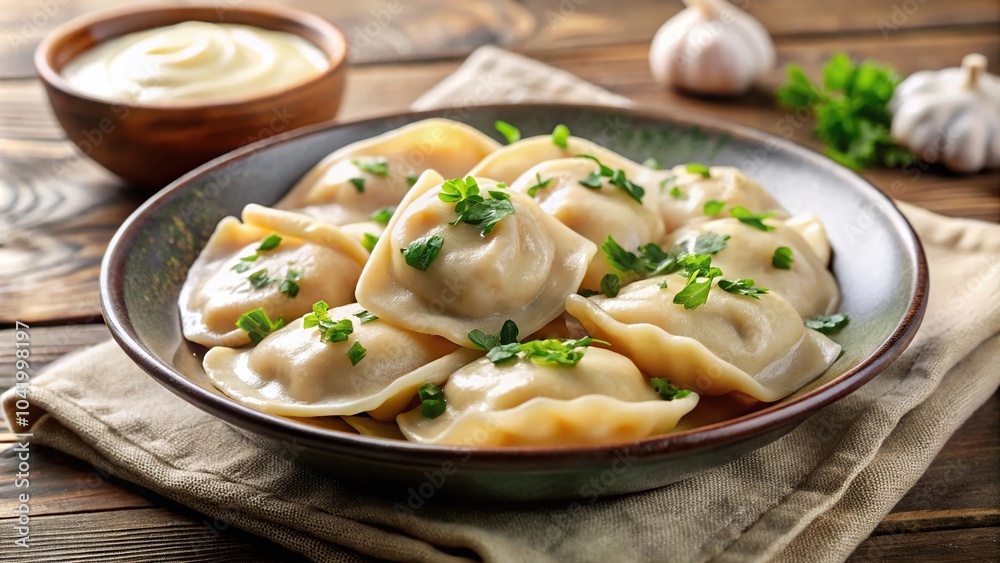 Traditional Polish dish pierogi topped with sour cream Traditional Polish dish pierogi topped with sour cream