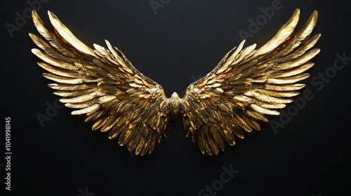 A pair of intricately designed golden wings spread wide against a dark background, symbolizing freedom and aspiration.