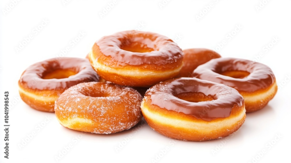A stack of glazed donuts with a shiny exterior, showcasing their sweet, tempting appearance. A stack of glazed donuts with a shiny exterior, showcasing their sweet, tempting appearance.