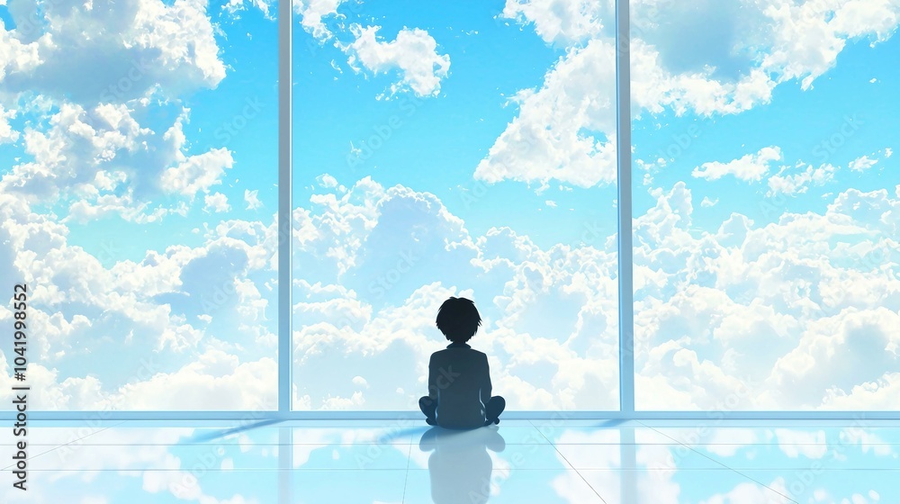 A Serene Moment of Reflection Against a Dreamy Cloudscape A Serene Moment of Reflection Against a Dreamy Cloudscape