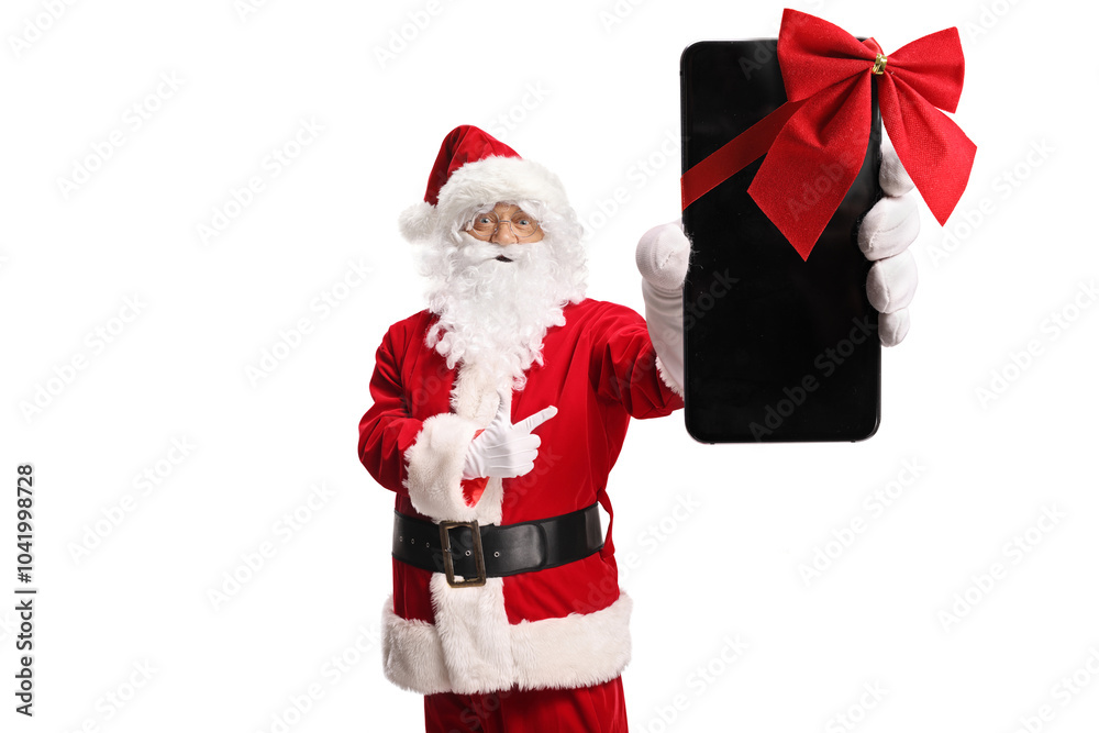 Santa Claus holding a gift mobile phone Santa Claus holding a gift mobile phone
