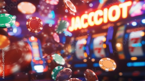 Celebration erupts as coins and colorful poker chips fly from a slot machine, marking a big jackpot win in a lively casino atmosphere. Generative AI