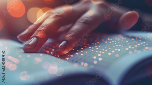 Close-up of a hand gently reading braille, touch and sensory learning concept. photo