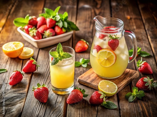 Refreshing Cold Lemonade on Wooden Table with a Pitcher and Strawberry Drink - Perfect Summer Beverage Scene