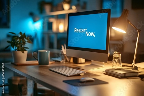 Computer Screen Showing 'Restart Now' on a Desk