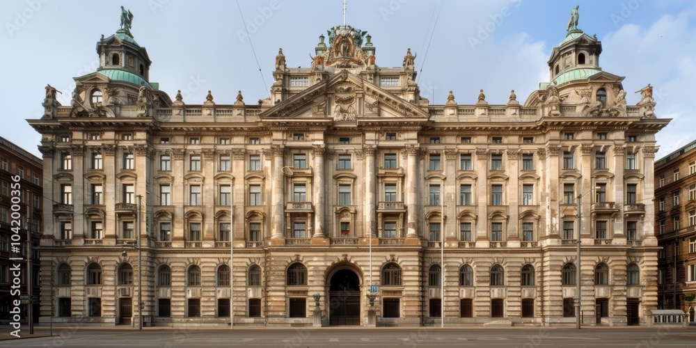 Fototapeta premium A magnificent historical building adorned with intricate architectural detailing stands symmetrically, flanked by smaller structures, under a clear sky in a bustling urban setting