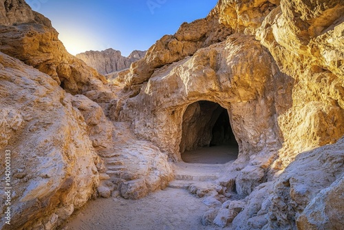 A desert cave believed to have sheltered Maccabean fighters, the entrance framed by rugged rocks, warm sunlight filtering in, setting/background, composition, color/lighting photo