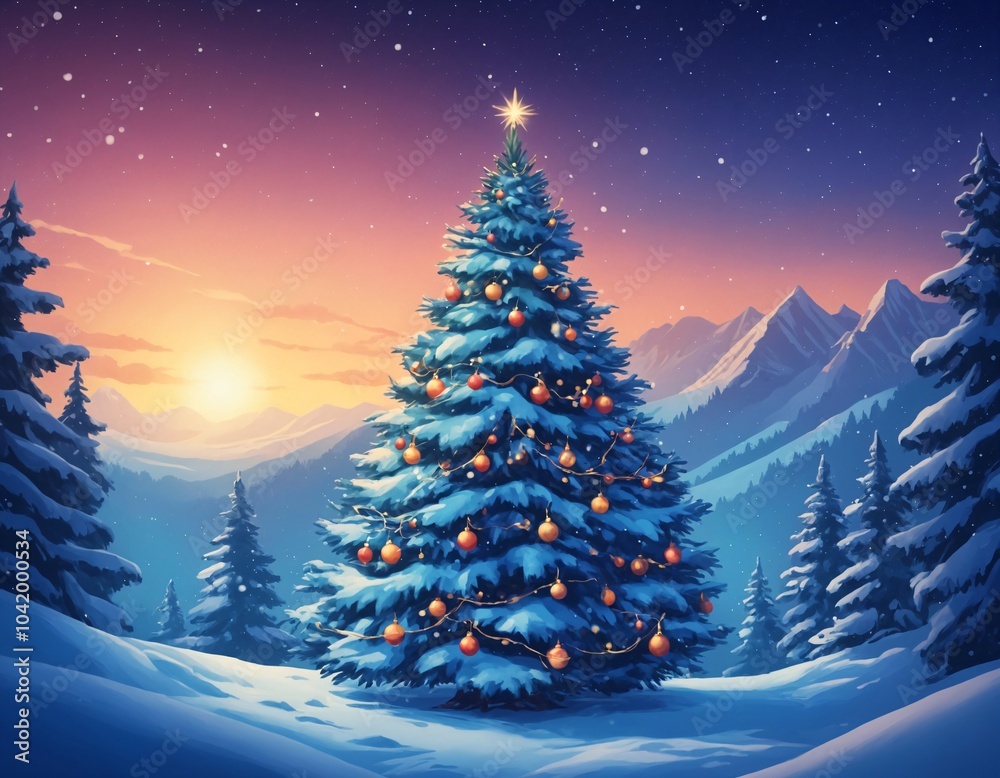 Winter Christmas landscape with Christmas tree branches and balls. blue theme Winter Christmas landscape with Christmas tree branches and balls. blue theme