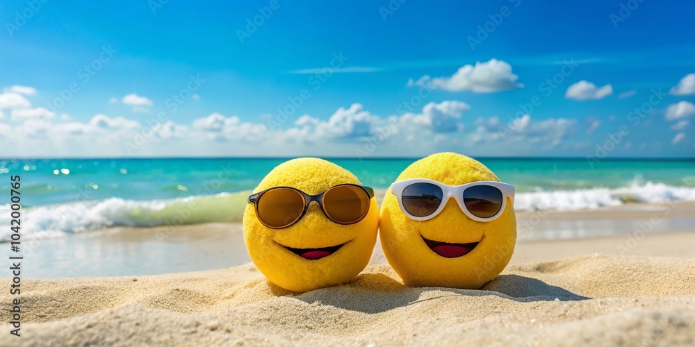 Naklejka premium Relaxing Emoji Plush Toys on a Beach - Fun Summer Vibes with Sunglasses