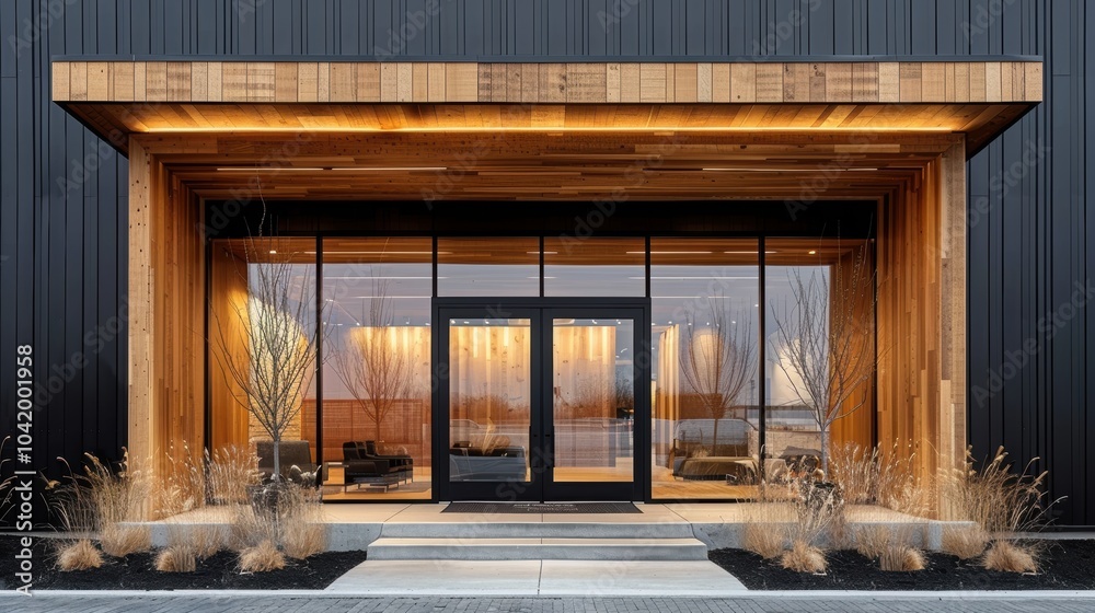 Modern architectural entrance with wooden and glass elements showcasing contemporary design, featuring subtle lighting and minimalist landscaping elements Modern architectural entrance with wooden and glass elements showcasing contemporary design, featuring subtle lighting and minimalist landscaping elements