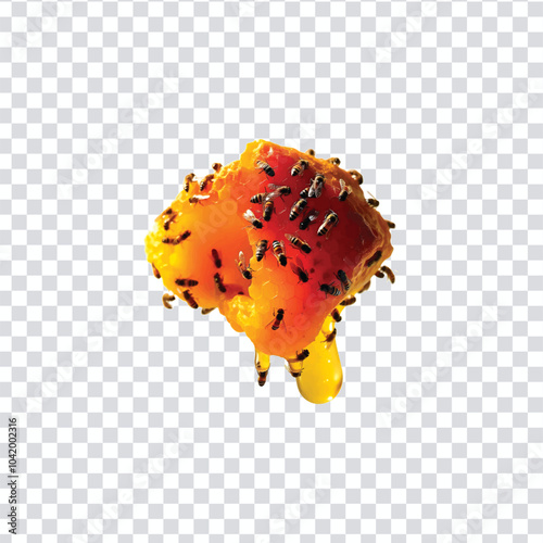 A large chunk of honeycomb with bees on a transparent background
