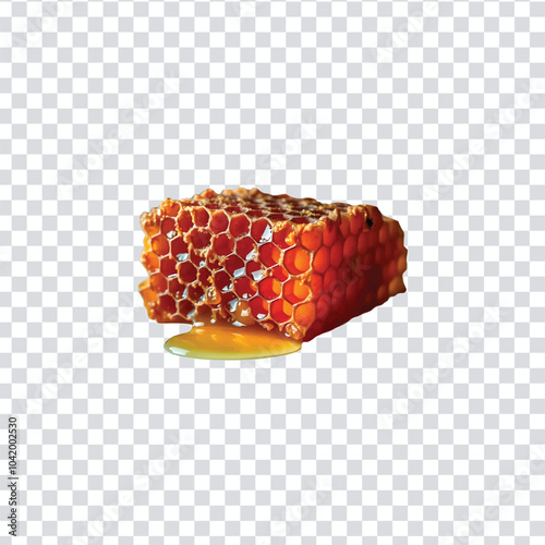 Honeycomb with hexagonal cells filled golden honey on a transparent background