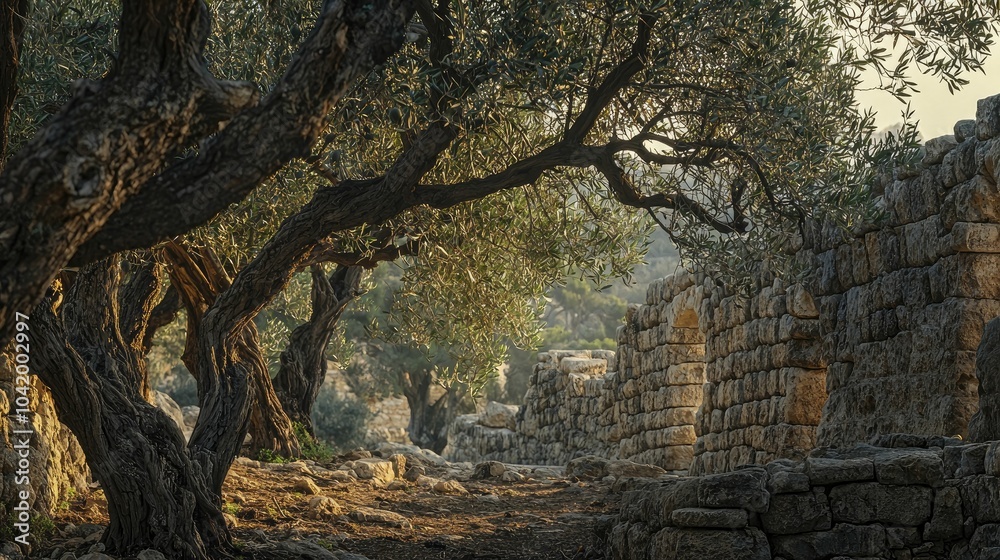 An ancient olive grove believed to have been cared for by the Maccabees, gnarled branches and weathered stone walls, illuminated by the gentle dawn light.