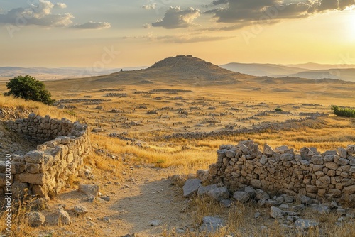 An ancient battlefield with the Maccabees' encampment, dry rugged terrain, scattered stone walls, and distant hills under a golden sunset, setting/background, color/lighting, mood/emotion photo