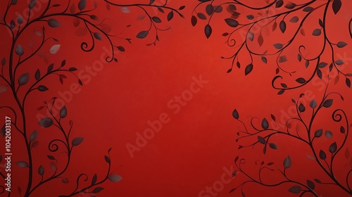 Ornate black branches with leaves on a vibrant red background, decorative elements. photo