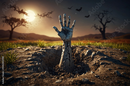 Halloween, dead hand coming out from the soil cartoon 3d poster