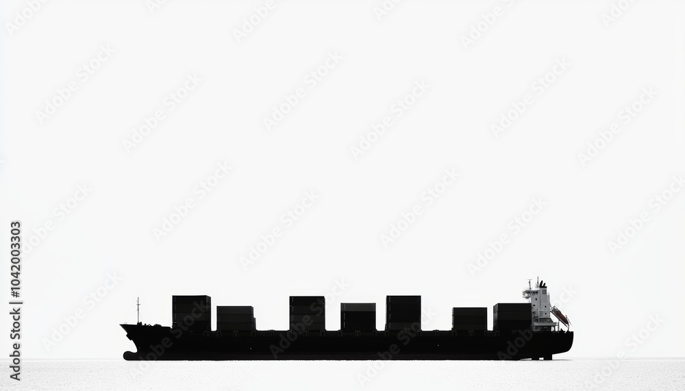 A cargo ship silhouette, isolated on white, with visible containers stacked neatly A cargo ship silhouette, isolated on white, with visible containers stacked neatly