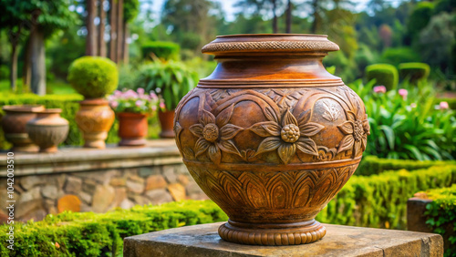 Close-up of a single, finely detailed terracotta pot