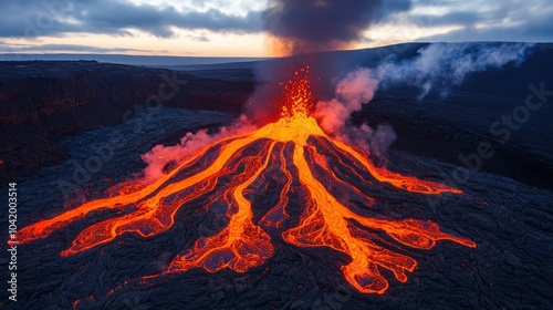 Glowing Lava Flowing from Majestic Volcano at Dusk