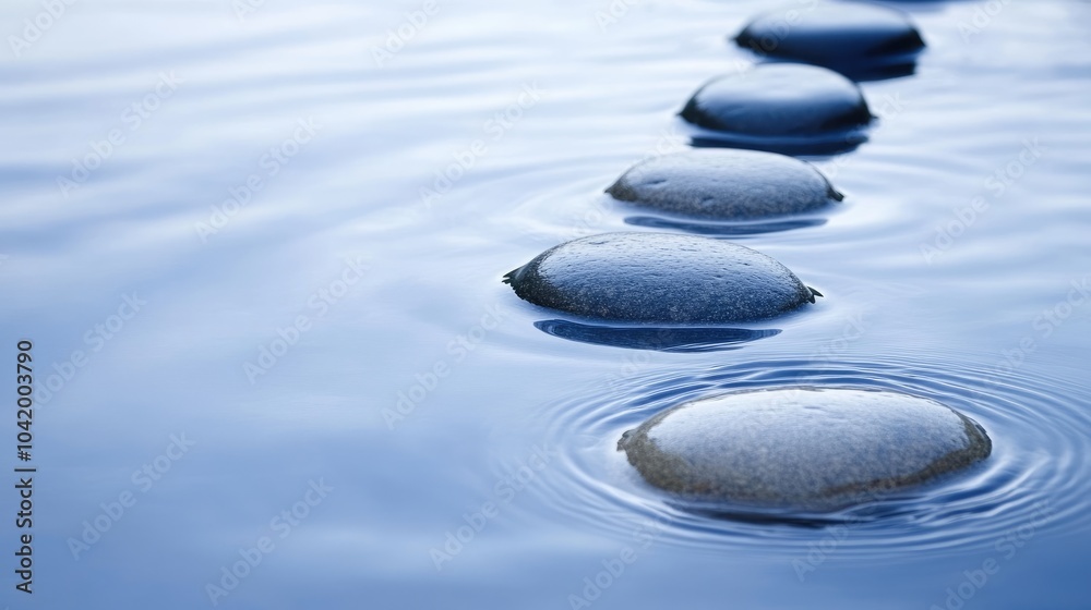 A row of smooth stones in calm water with ripples extending outward, representing serenity, balance, and the interconnectedness A row of smooth stones in calm water with ripples extending outward, representing serenity, balance, and the interconnectedness