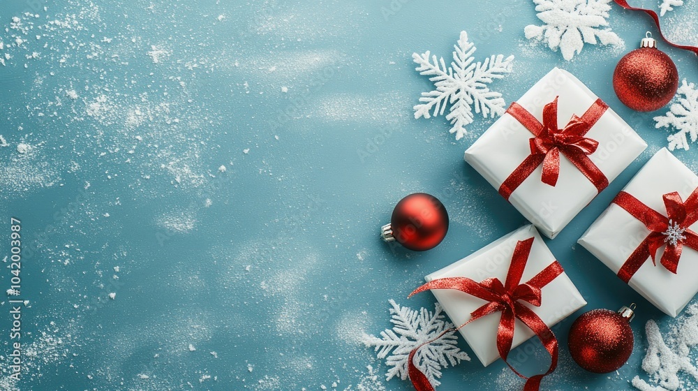 Festive Gifts and Ornaments on a Blue Background Festive Gifts and Ornaments on a Blue Background