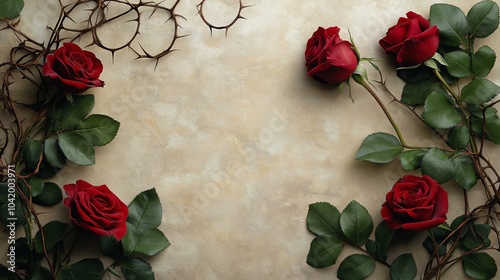 Red roses with green leaves on a textured beige background. photo