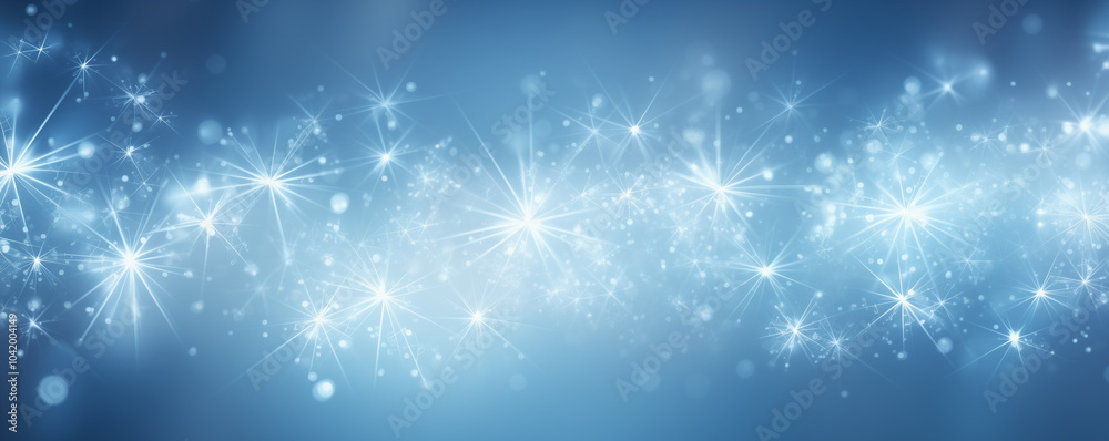 Abstract winter-themed background with bright white snowflakes and radiant light beams on cool blue gradient. Illuminating rays create festive magical atmosphere Abstract winter-themed background with bright white snowflakes and radiant light beams on cool blue gradient. Illuminating rays create festive magical atmosphere