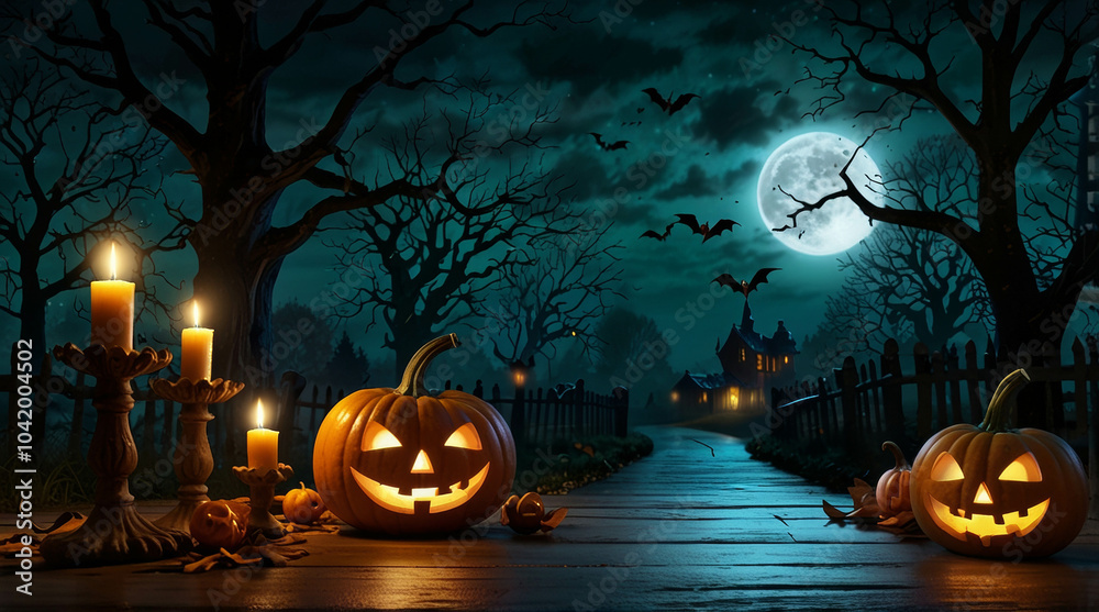 Fototapeta premium a spooky night view with a wooden table in the foreground, adorned with carved pumpkins, candles