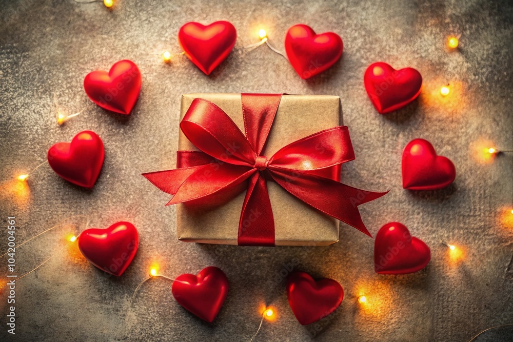 Obraz premium Romantic Flat Lay of Gift Box Surrounded by Red Hearts for Valentine's Day Celebration