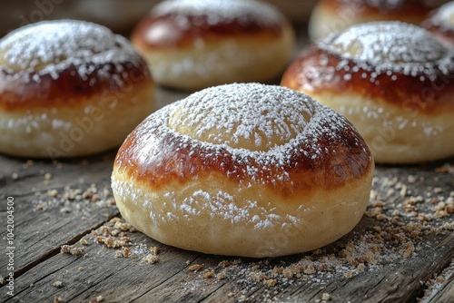 Sufganiyot with powdered sugar lightly sprinkled on top, sitting on a rustic wooden table with crumbs, soft natural lighting from a window, close-up focus on texture photo