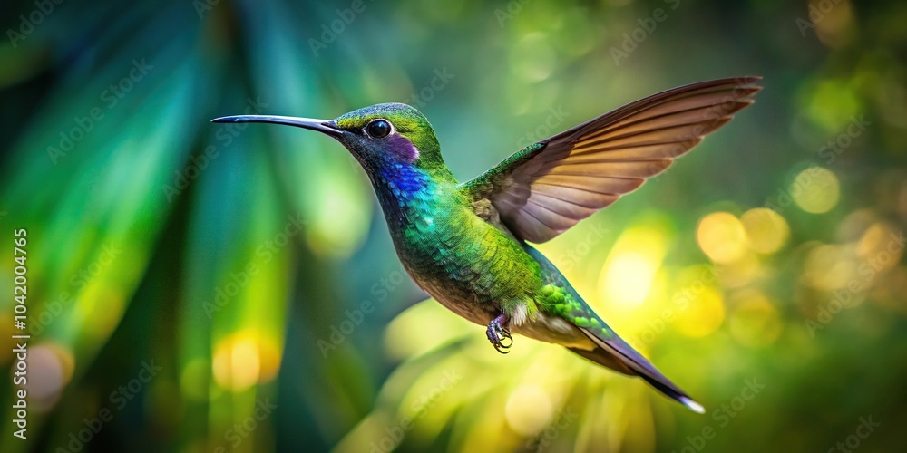 Fototapeta premium Depth of Field Hummingbird flying in the tropical forest