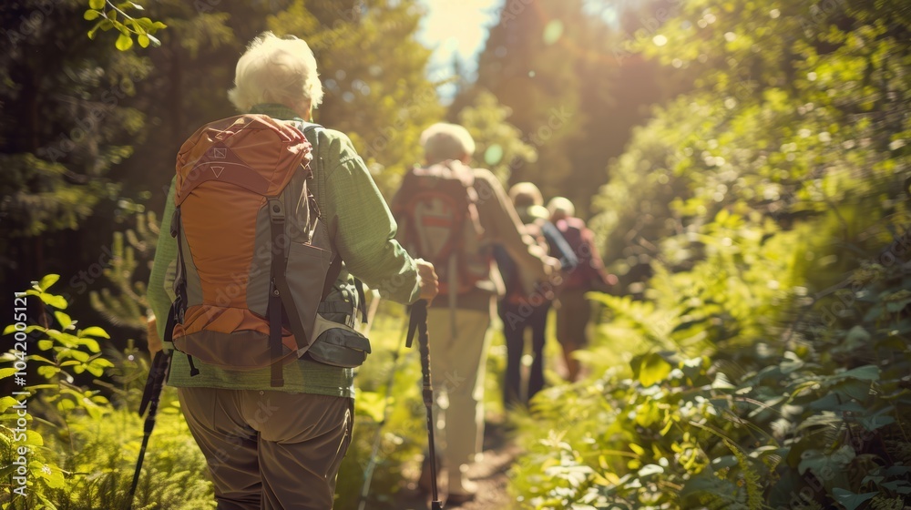 Active Seniors Hiking with Supportive Braces in Scenic Sunlit Forest Trail