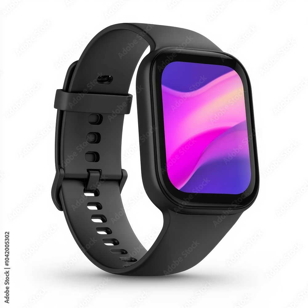 A modern smartwatch with a curved display, isolated on white, showing a digital clock face A modern smartwatch with a curved display, isolated on white, showing a digital clock face