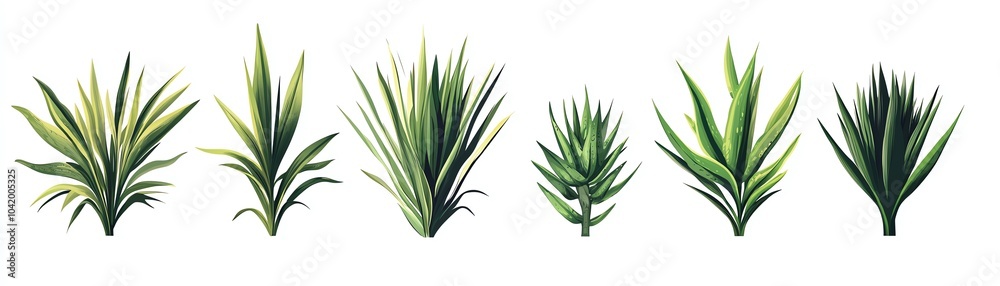 Fototapeta premium Various types of green plants on a white isolated background.