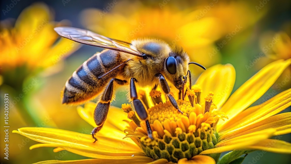 Depth of field image of a bee pollinating yellow flowers Depth of field image of a bee pollinating yellow flowers
