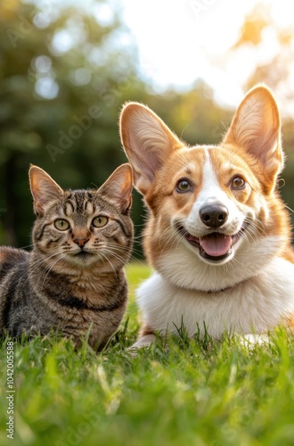 A joyful corgi and a charming tabby cat sit side by side on green grass, basking in the warm sunlight. Their expressions capture a moment of friendship and happiness.