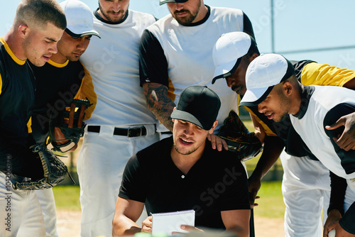 Canvas Print Men, coach and baseball with team for game plan, strategy or meeting in match, tournament or competition