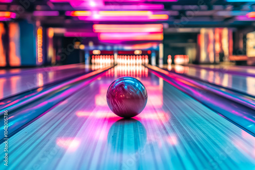 Vibrant bowling alley with neon lights and bowling ball on glossy lane photo