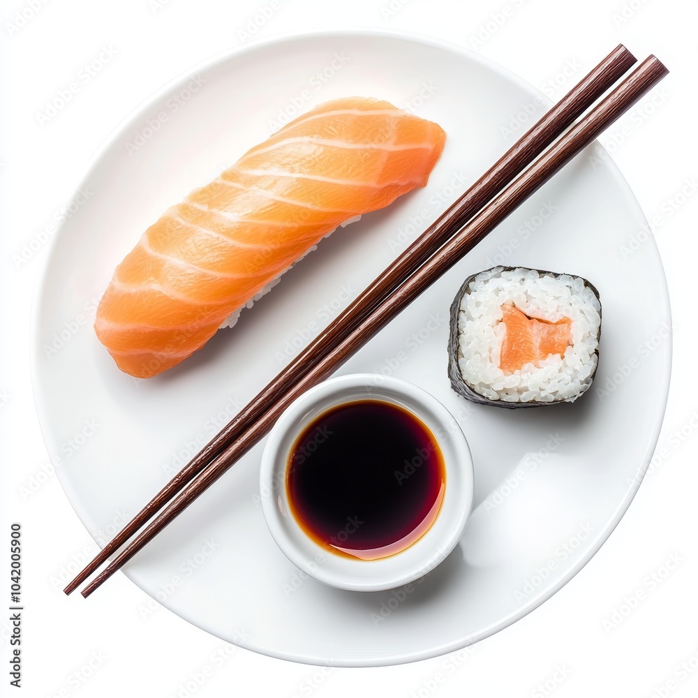 A plate of sushi with soy sauce dip, isolated on white, the rolls neatly arranged A plate of sushi with soy sauce dip, isolated on white, the rolls neatly arranged