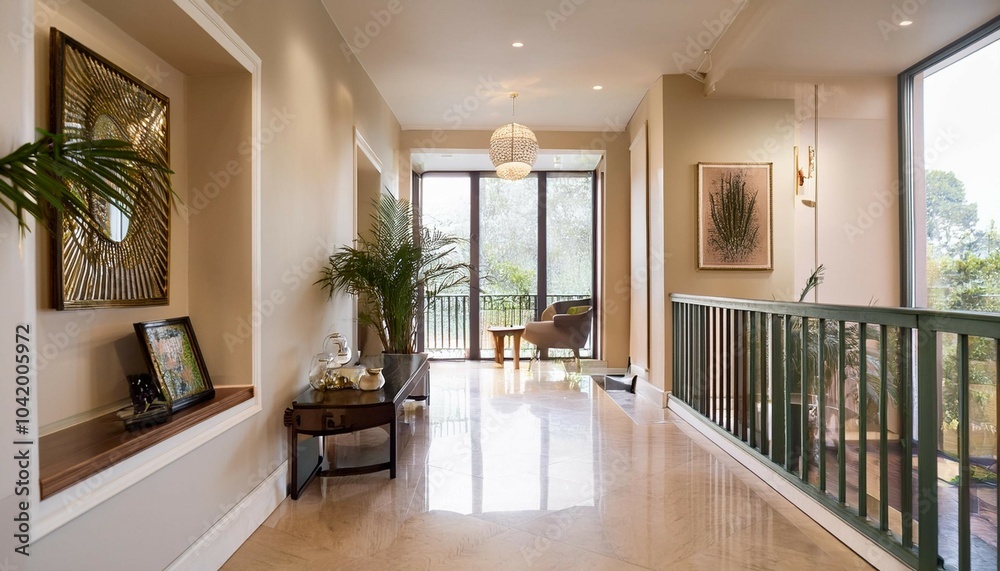 Fototapeta premium grand hallway with high ceiling large windows natural light beige walls marble floor wooden handrail balcony with potted plant vase desk chair painting on wall in luxury home
